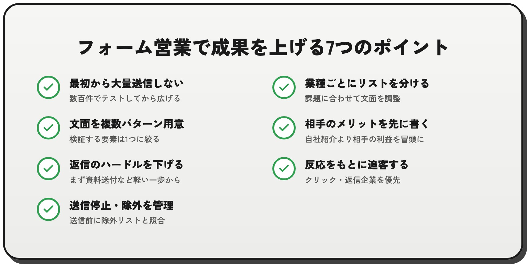 問い合わせフォーム営業で成果を上げる7つのポイントをまとめたチェックリスト図